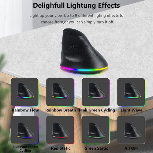 Miniatura 3 de Ratón vertical inalámbrico ergonómico Bluetooth, conexión de 3 dispositivos (BT1/BT2 + USB de 2.4 G), RGB 3200 DPI tipo C recargable portátil