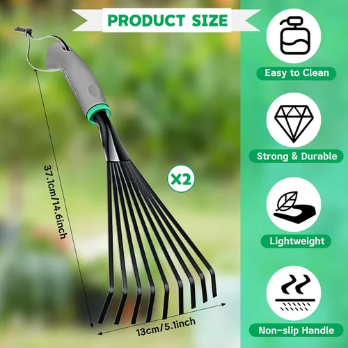 Miniatura 3 de 2 piezas de rastrillo de mano de jardinería de acero inoxidable, rastrillo de jardín pequeño para jardinería mango corto con mango, herramientas