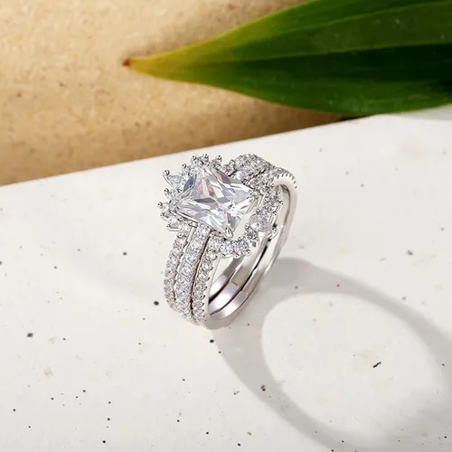 Miniatura 3 de Jeulia Juego de 2 anillos de compromiso vintage de plata de ley con halo irregular radiante para mujer, con caja de regalo