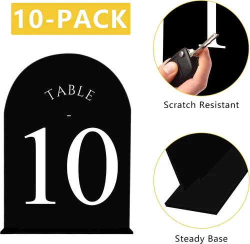 Miniatura 3 de JOYIT Números de Mesa de Boda en Arco 1-10 con Soportes – Letreros Acrílicos Impresos por Ambos Lados de 5" X 7" con Fondo Negro y Texto Blanco