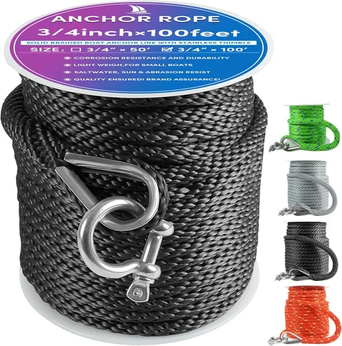 Miniatura 48 de Cuerda de anclaje premium de 100 pies x 3/8 pulgadas, cuerda marina de línea de anclaje MFP trenzada sólida con dedal y grillete, color negro