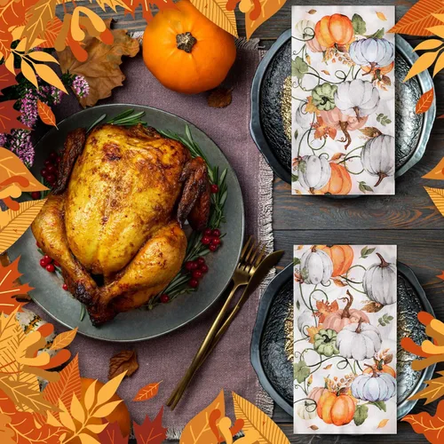 Miniatura 6 de Sinmoe 200 servilletas de papel de calabaza de Acción de Gracias, toallas de mano desechables para baño, toalla de papel decorativo para invitados