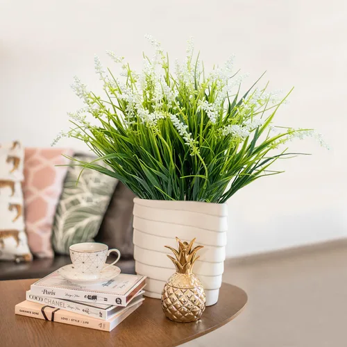 Miniatura 3 de 12 paquetes de plantas artificiales para exteriores, flores resistentes a los rayos UV, plantas de césped alto falsas, arbustos tropicales Blanco