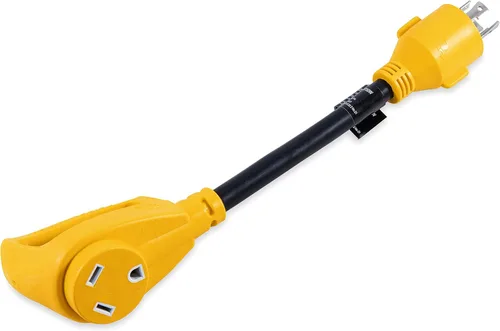 Adaptador de generador PowerGrip con conexión estándar de hembra de 30 amperios y macho de seguridad de 30 amperios de 12 pulgadas de Camco,
