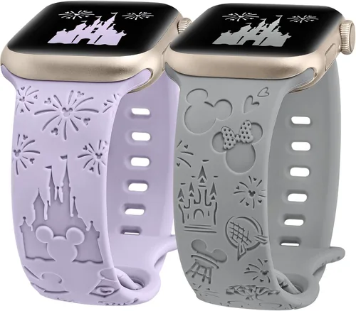 2 paquetes de correas grabadas con dibujos animados compatibles con Apple Watch de 38/40/41/42/44/45/46/49 mm, correa de silicona suave y linda para