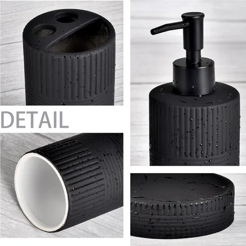 Miniatura 4 de Juego de Accesorios de Baño Negro Mate, Juego de Baño de Cerámica con Relieve de 4 Piezas Completo - Portacepillos de Dientes, Dispensador de Jabón
