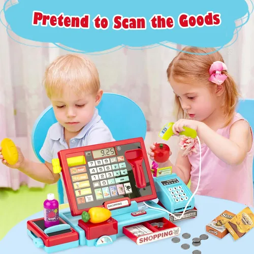 Miniatura 6 de Caja registradora para niños, calculadora real, caja registradora con escáner de juguete para niño de 3, 4, 5, 6, 7, 8 años, juego de simulación