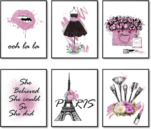 Miniatura 16 de HoozGee Juego de 6 pósteres enmarcados de maquillaje de moda, decoración de pared con marco de París, impresiones artísticas de pared