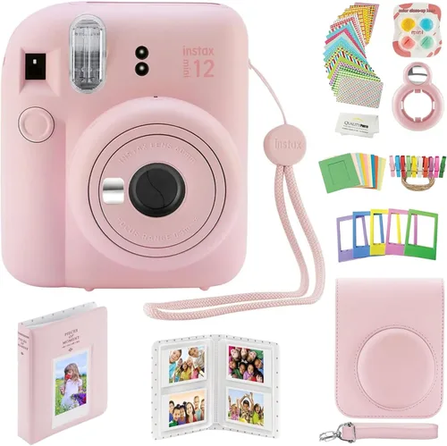 Fujifilm - Cámara instantánea Instax Mini 12 con funda, calcomanías decorativas, marcos, álbum de fotos y más kit de accesorios (rosa flor)