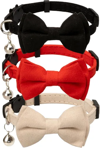 Miniatura 10 de Collar de gato con pajarita de campana Breakaway Kitten Small Pet Safety Solid Wedding Basic Pure Color Suede Soft Adjustable Sailor Bow - [1