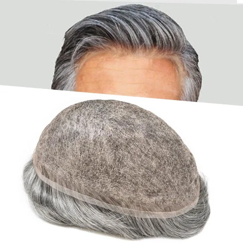 Miniatura 249 de Toupee para hombres nudos blanqueados hombres toupee hairpieces europeo virgen sistema de reemplazo de cabello humano suave encaje francés hombres