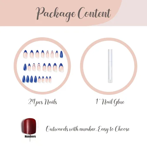 Miniatura 4 de BABALAL Uñas postizas a presión de almendra, uñas postizas de longitud media, uñas acrílicas brillantes, color azul, francesas, con pegamento, 24