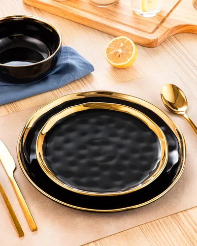 Miniatura 6 de LOVECASA Juego de 12 piezas de platos y cuencos, vajilla de porcelana negra y dorada, platos de cena redondos, juego de vajilla para 4 personas