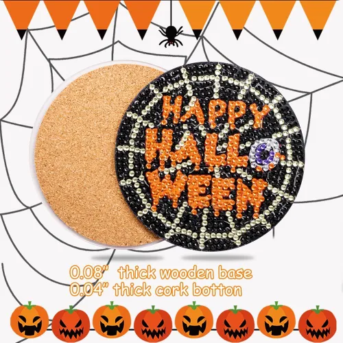Miniatura 5 de Praise V Do Juego de 6 posavasos de pintura de diamante con soporte de base de corcho, posavasos de calabaza de Halloween, kit de pintura