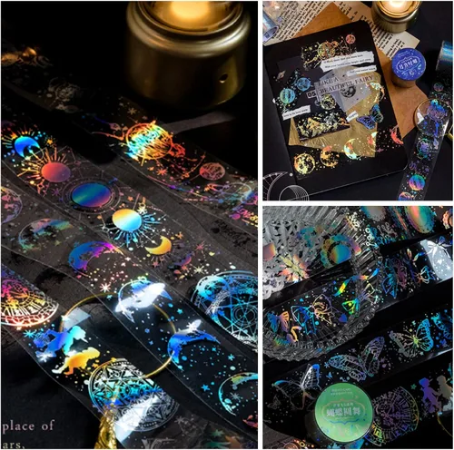 Miniatura 8 de 4 rollos de cinta holográfica vintage holográfica de mariposa astronomía PET adhesivos de resina impermeables transparentes brillantes
