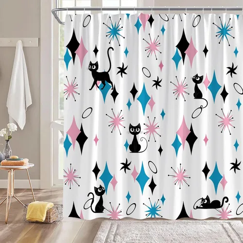 Miniatura 2 de GCTNBJL Mid Century Atomic Cat Shower Curtain Blue Pink Diamond Black Cat Stars Modern Abstract Geometric 1950s 1960s Retro 36x70(WxH) Inches