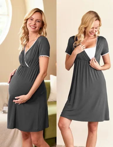 Miniatura 2 de Ekouaer - Camisón de dormir de manga corta 3 en 1 para mujer, plisado, para lactancia, parto y maternidad, tallas S-XXL