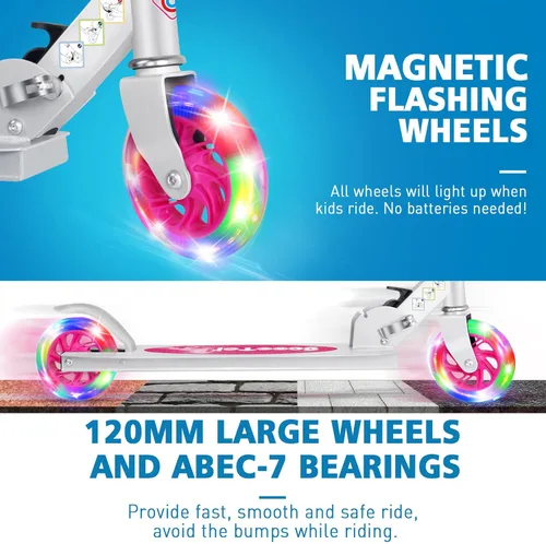 Miniatura 2 de BELEEV V1 Patinetas para niños, patineta plegable de 2 ruedas para niños y niñas, 3 alturas ajustables, ruedas iluminadas, patineta ligera con Rosa