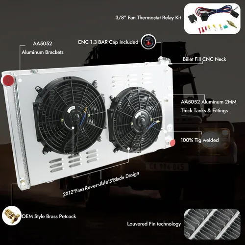 Miniatura 4 de Primecooling - Radiador de aluminio de 3 filas + ventilador (12 pulgadas de diámetro) con cubierta para muchos autos GM/Chevrolet GMC C/K Series