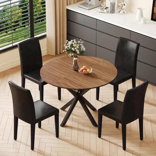 Juego de mesa de comedor redonda para 4, juego de mesa de comedor extensible de 43-59 pulgadas, mesa de grano de madera de nogal y 4 sillas
