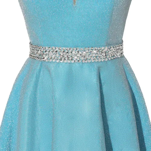 Miniatura 5 de Yexinbridal Vestido de fiesta con tirantes delgados con purpurina y cuentas largas de satén con cuello en V