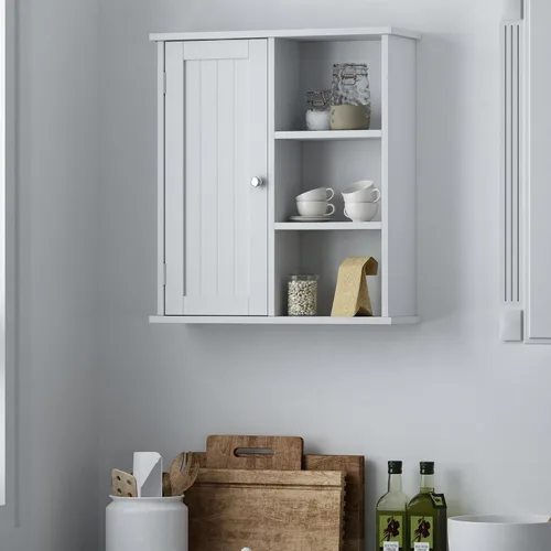 Miniatura 4 de Treocho Armario de pared de baño, botiquín con puerta y 3 estantes abiertos, organizador de almacenamiento montado en la pared para baño, cocina