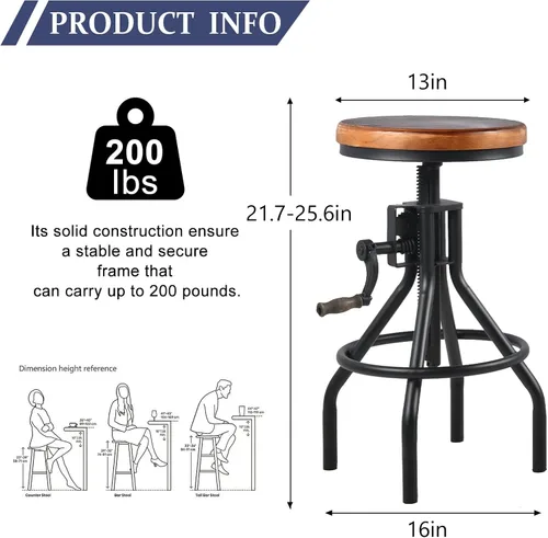 Miniatura 3 de Taburete industrial de madera para mostrador de granja, altura ajustable con asa, taburete de bar de cocina, color negro, juego de 2