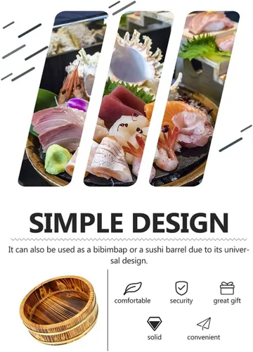 Miniatura 7 de Hemoton Cubo de mezcla de arroz de sushi de estilo japonés Bandeja redonda de sushi Barril de servicio de alimentos de gran capacidad Marrón claro