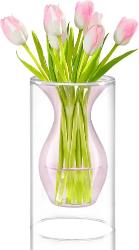 ZENS Florero Pequeño de Flor Rosa Único, Florero de Vidrio Transparente Flotante Doble Hueco, Moderno Jarrón Decorativo Soplado a Mano Fresco para