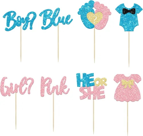Miniatura 7 de 24 piezas de decoración para cupcakes para niños o niñas, pies con purpurina, vestido de revelación de género, selecciones de cupcakes, decoraciones