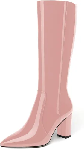 Miniatura 22 de AMBELIGHT Botas altas hasta la rodilla con cremallera y puntera puntiaguda para mujer, de patente sólida, tacón alto, 3.3 pulgadas
