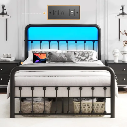 Miniatura 10 de Fluest - Base de cama de 14 pulgadas para cama individual clásica de metal con plataforma, estación de carga y LED, cabecero y pie