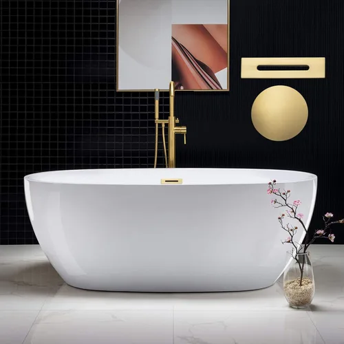 WOODBRIDGE Bañera de acrílico independiente de 67 pulgadas, bañera contemporánea, acrílico blanco (drenaje de oro cepillado/desbordamiento),