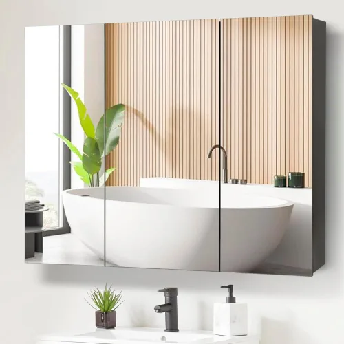 Movo Botiquín de medicina negro de 40 x 28 pulgadas, espejo de baño, sin marco, gran montaje en pared, con 3 puertas, estantes movibles