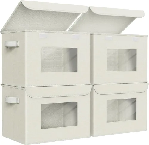 Miniatura 11 de Univivi Cajas de almacenamiento plegables de tela con tapas para ropa, [paquete de 3] cajas organizadoras de armario con asas para el hogar, Beige