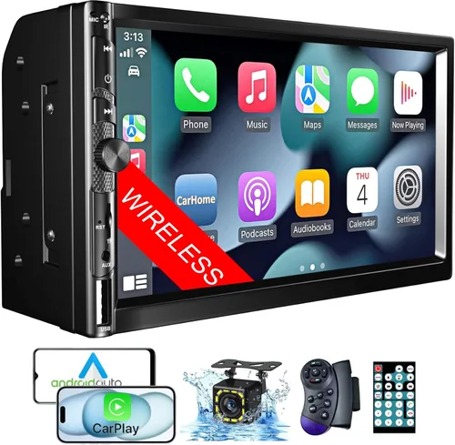 Estéreo inalámbrico de doble DIN para automóvil de 7 pulgadas con Apple Carplay, pantalla táctil HD 1024 x 600, receptor de radio FM para automóvil