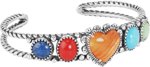American West Sterling - Pulsera de piedras preciosas multicolor y un corazón espinoso naranja con cuerda de 5 piedras talla S, M, L