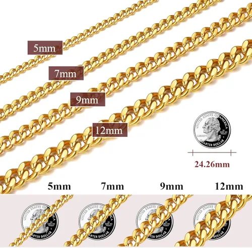 Miniatura 7 de FindChic - Collar con cadena para hombre chapado en oro de 18 quilates acero inoxidable doble apretado eslabones cubanos para hombres y niños