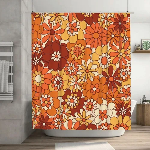 Ohocut Cortina de ducha floral naranja, cortinas de ducha retro bohemias para baño, bonitas cortinas de baño de flores geniales, cortina de ducha de