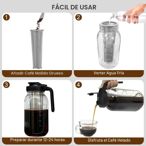 Miniatura 8 de Cafetera de cerveza fría, jarra de cerveza fría de 64 onzas con filtro de acero inoxidable y alfombrilla de café, tarro de vidrio con tapa