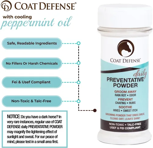 Miniatura 3 de Coat Defense Polvo preventivo diario y tratamiento de pudrición por lluvia para caballos Picazón dulce equino seguro y eficaz, piel funk, arañazos