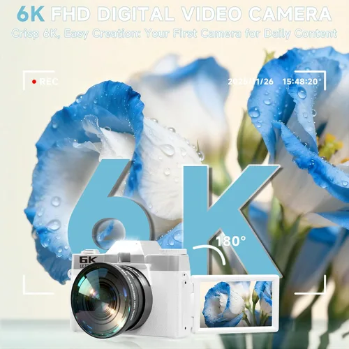 Miniatura 3 de Cámara digital 6K para enfoque automático de fotografía, cámara WiFi de vlogging mejorada 2026 para YouTube con pantalla abatible de 180° de 3 Blanco