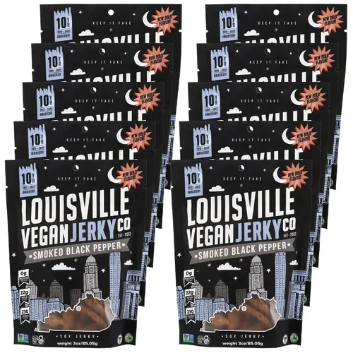 Louisville Vegan Jerky - Carne vegana y vegetariana de pimienta negra ahumada, 0.67 oz de proteína de soja sin OMG, 310 calorías por bolsa,