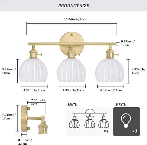 Miniatura 5 de Shenmoyl Accesorios de Iluminación para Baño, Lámpara de Pared de Tocador de Latón de 3 Luces Sobre Espejo con Pantalla de Cristal Tulipán Blanco