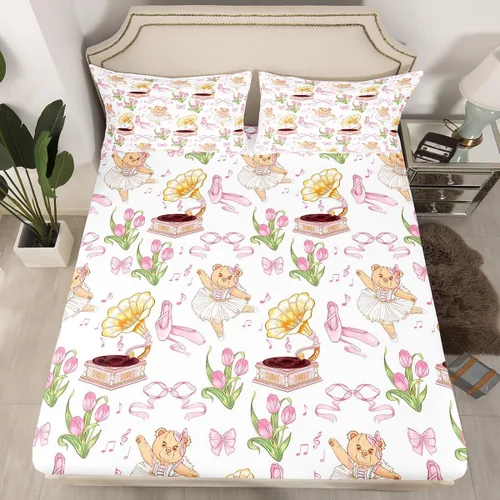 Miniatura 7 de Juego de sábanas de princesa con lazo rosa para niños, tamaño individual, zapatos de ballet, juego de ropa de cama de dibujos animados de oso