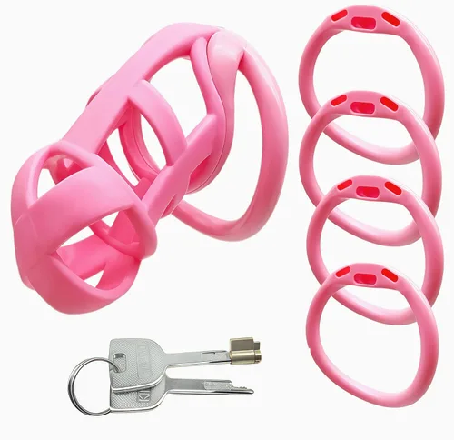 Dispositivos de jaula de castidad masculina, nueva jaula ergonómica ligera para pene de hombre, jaula de bloqueo de casidad rosa con anillos de 4