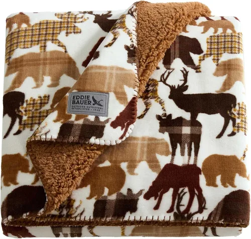 Eddie Bauer - Oversized Throw Blanket 50x70, Reversible Plush Blanket for Couch or Bed, Animal Print Room Decor (Animal Plaid Brown)