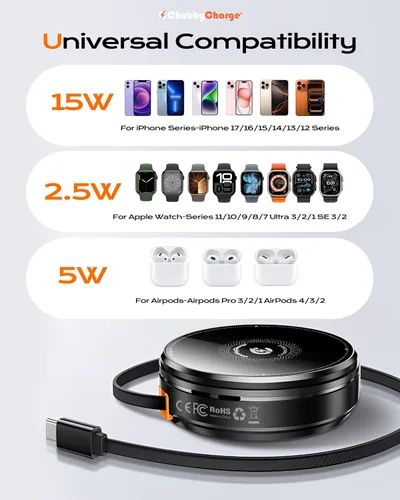 Miniatura 7 de Estación de carga inalámbrica compacta 3 en 1 para iPhone, Apple Watch y AirPods, cargador de viaje plegable magnético con cable USB-C retráctil