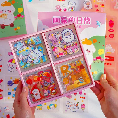 Miniatura 14 de Adhesivos de osos de dibujos animados kawaii lindos - 100 hojas, conejo transparente, suministros de PET para diario, calcomanías para calendario
