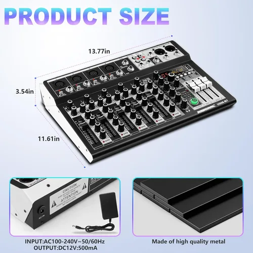 Miniatura 9 de Mezclador de audio profesional Riworal, consola de mezcla de 6 canales, interfaz de sonido, consola de mezcla de DJ, mezclador de audio con efecto